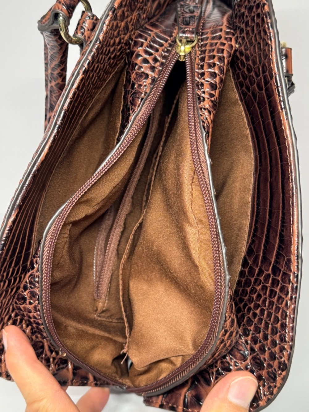 Liz Claiborne Brown Croc Embossed Satchel Handbag Faux Alligator Purse - Picture 7 of 14